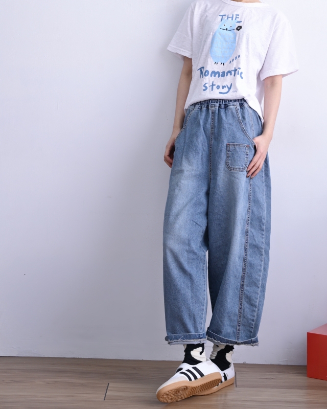 韓 小口袋牛仔寬褲