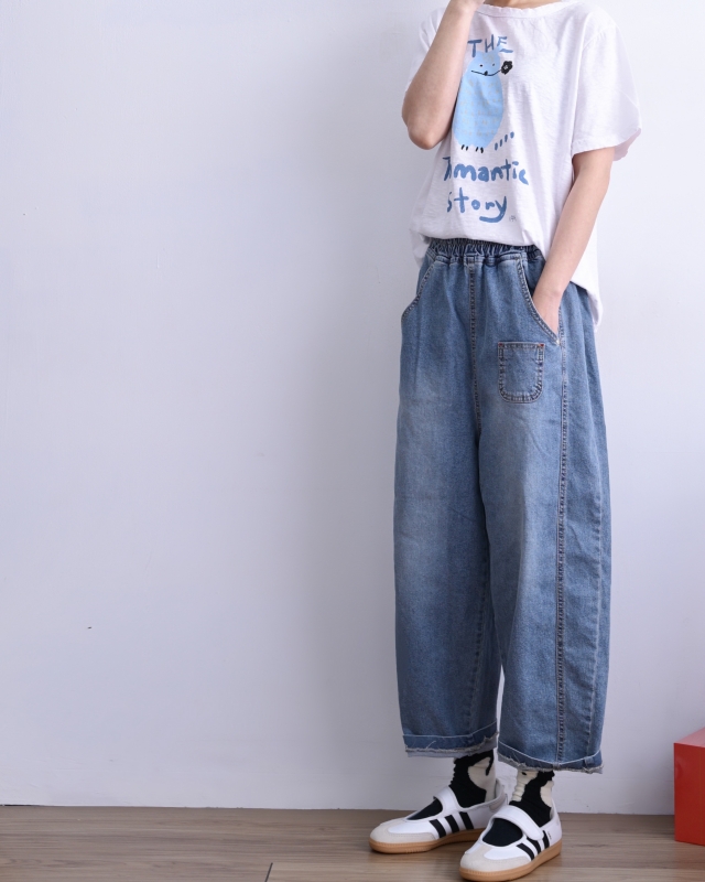 韓 小口袋牛仔寬褲