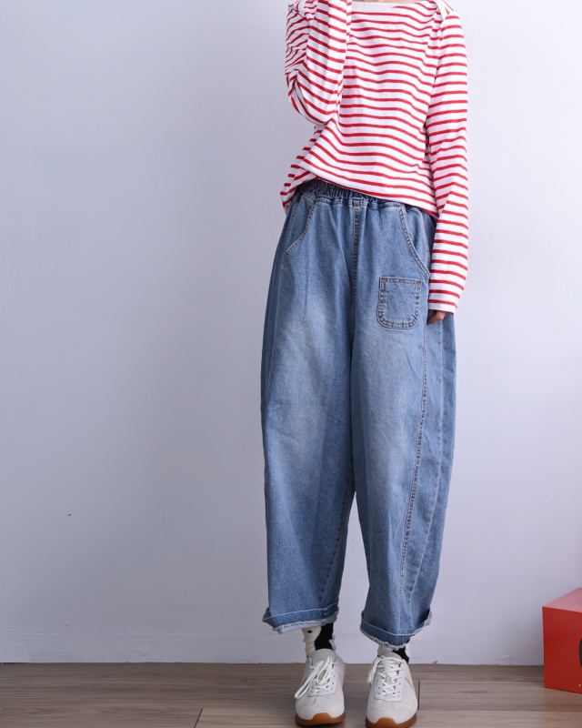 韓 小口袋牛仔寬褲