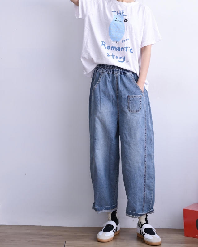 韓 小口袋牛仔寬褲