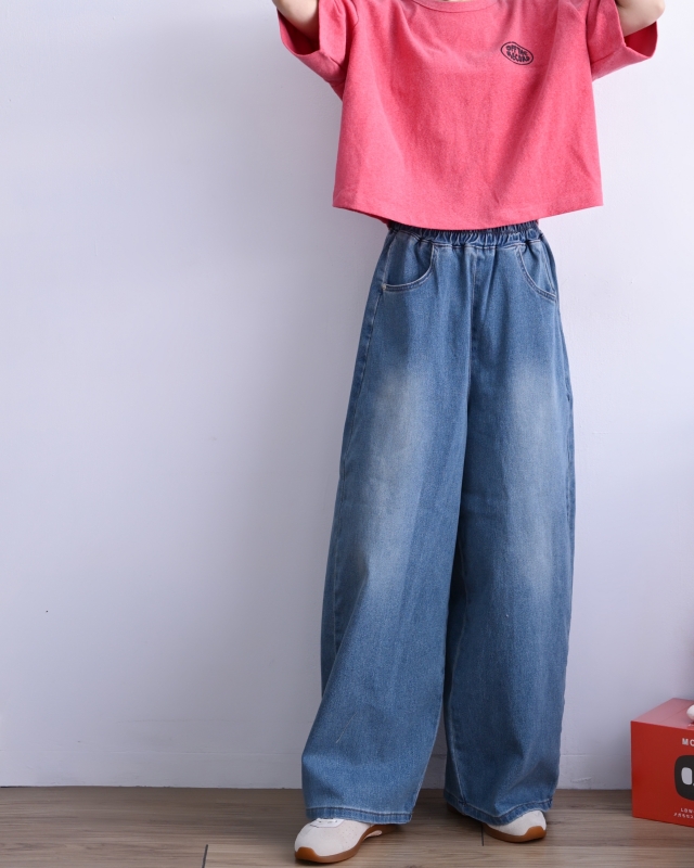 韓 腰鬆緊刷色牛仔寬褲