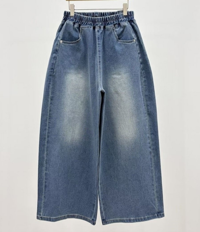 韓 腰鬆緊刷色牛仔寬褲