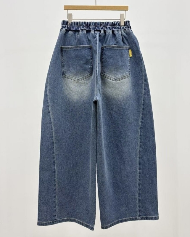 韓 腰鬆緊刷色牛仔寬褲