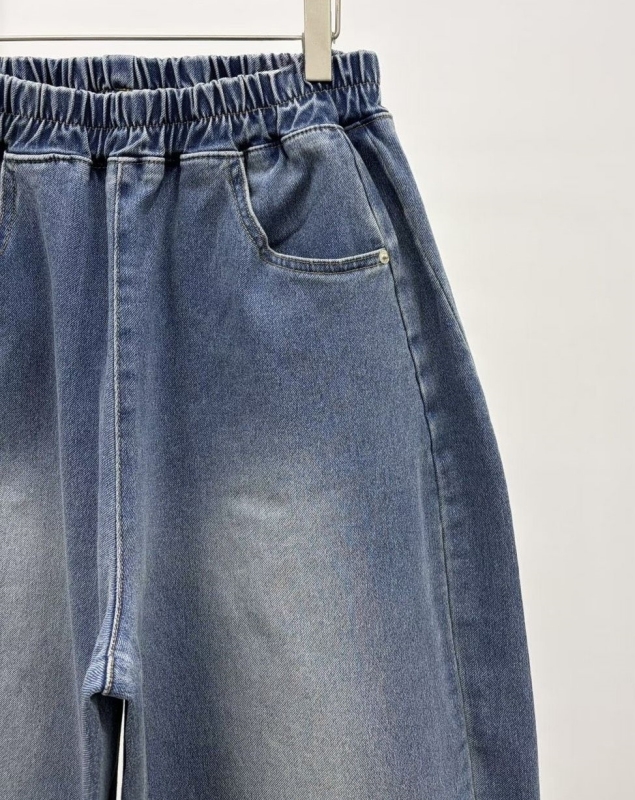 韓 腰鬆緊刷色牛仔寬褲