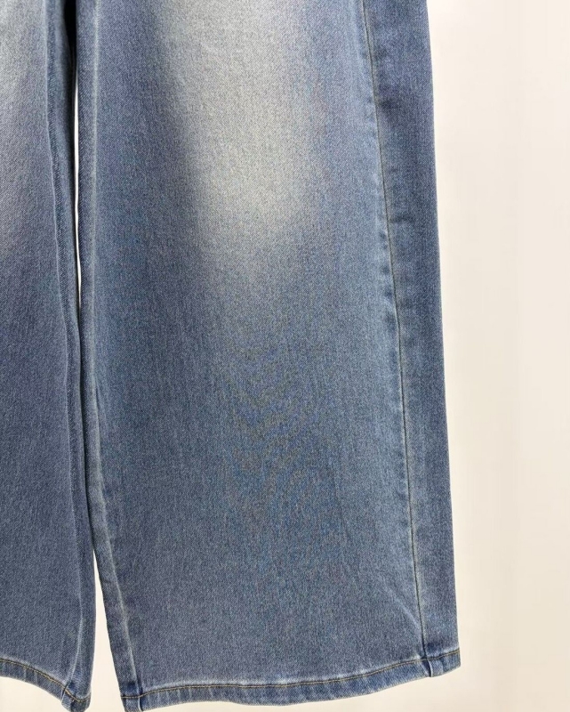 韓 腰鬆緊刷色牛仔寬褲