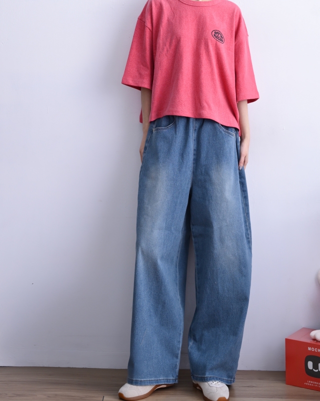 韓 腰鬆緊刷色牛仔寬褲