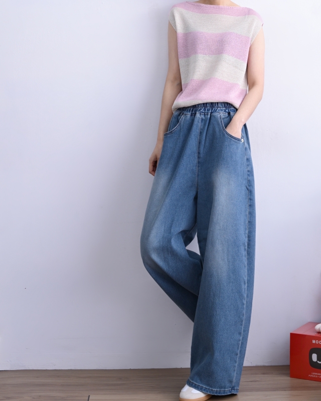 韓 腰鬆緊刷色牛仔寬褲