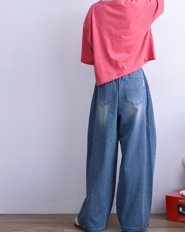 韓 腰鬆緊刷色牛仔寬褲