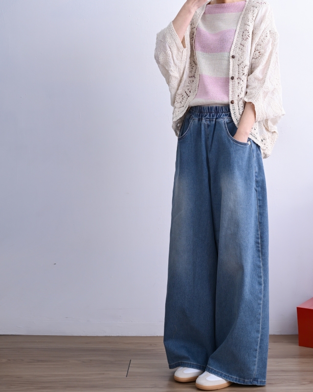 韓 腰鬆緊刷色牛仔寬褲