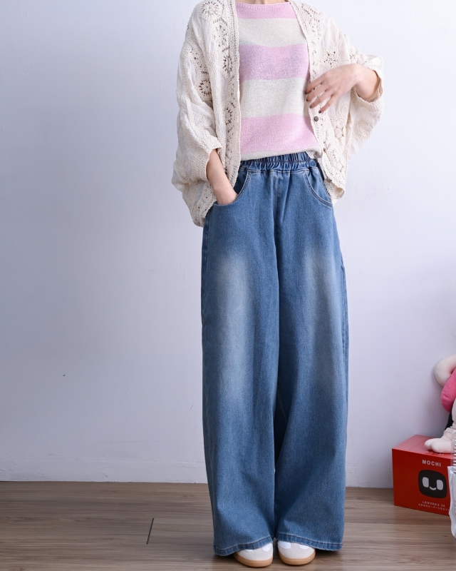 韓 腰鬆緊刷色牛仔寬褲