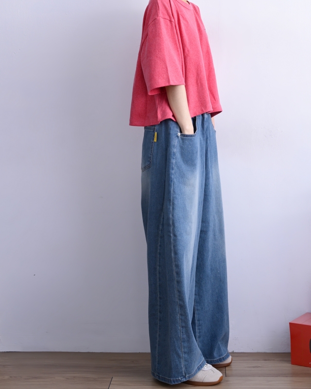 韓 腰鬆緊刷色牛仔寬褲