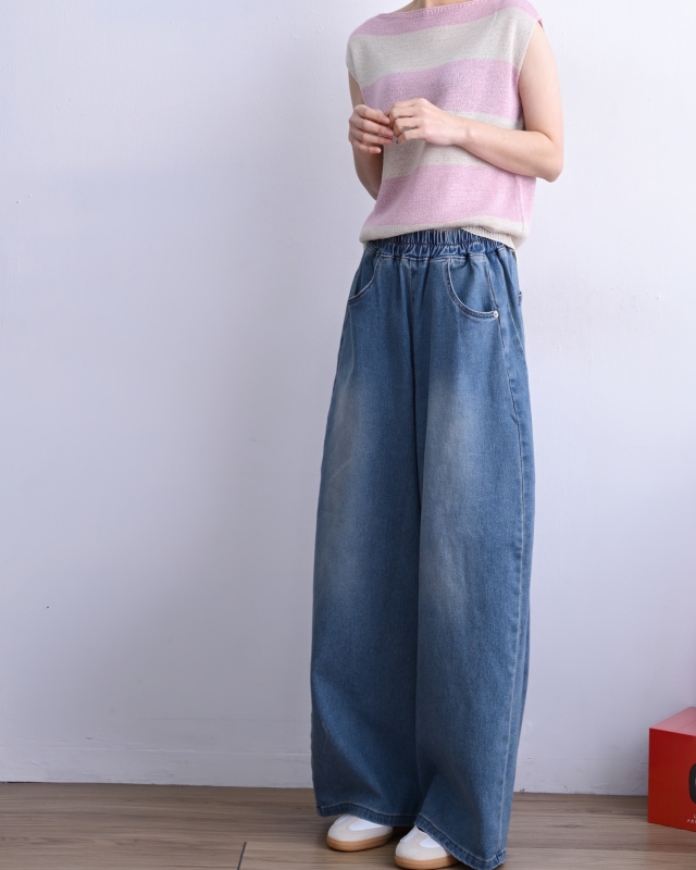 韓 腰鬆緊刷色牛仔寬褲
