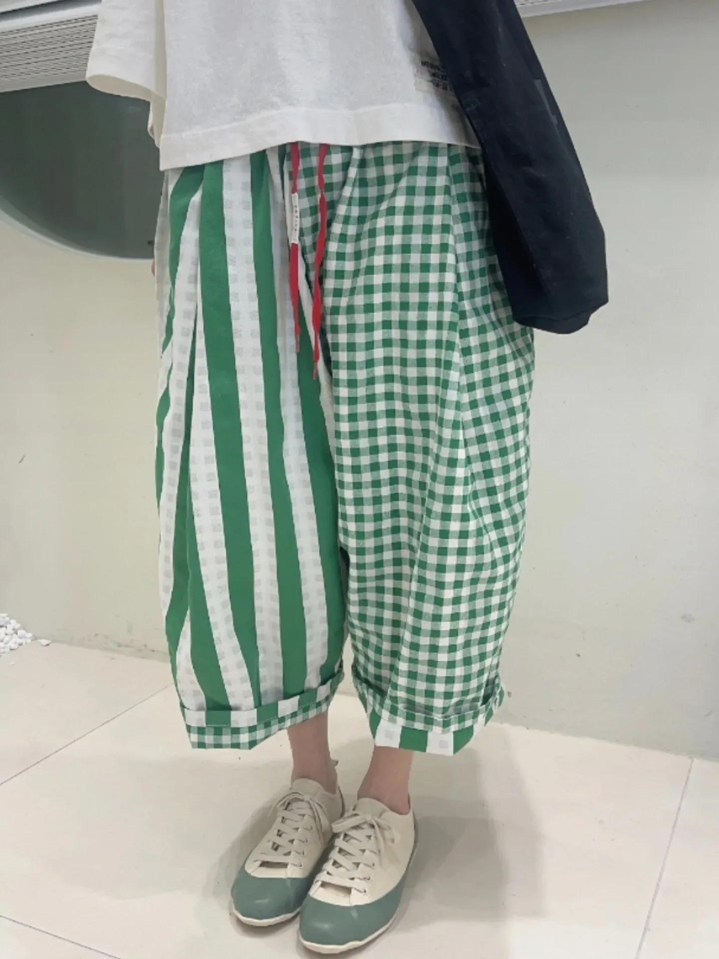 韓 直條格文小寬褲 3色