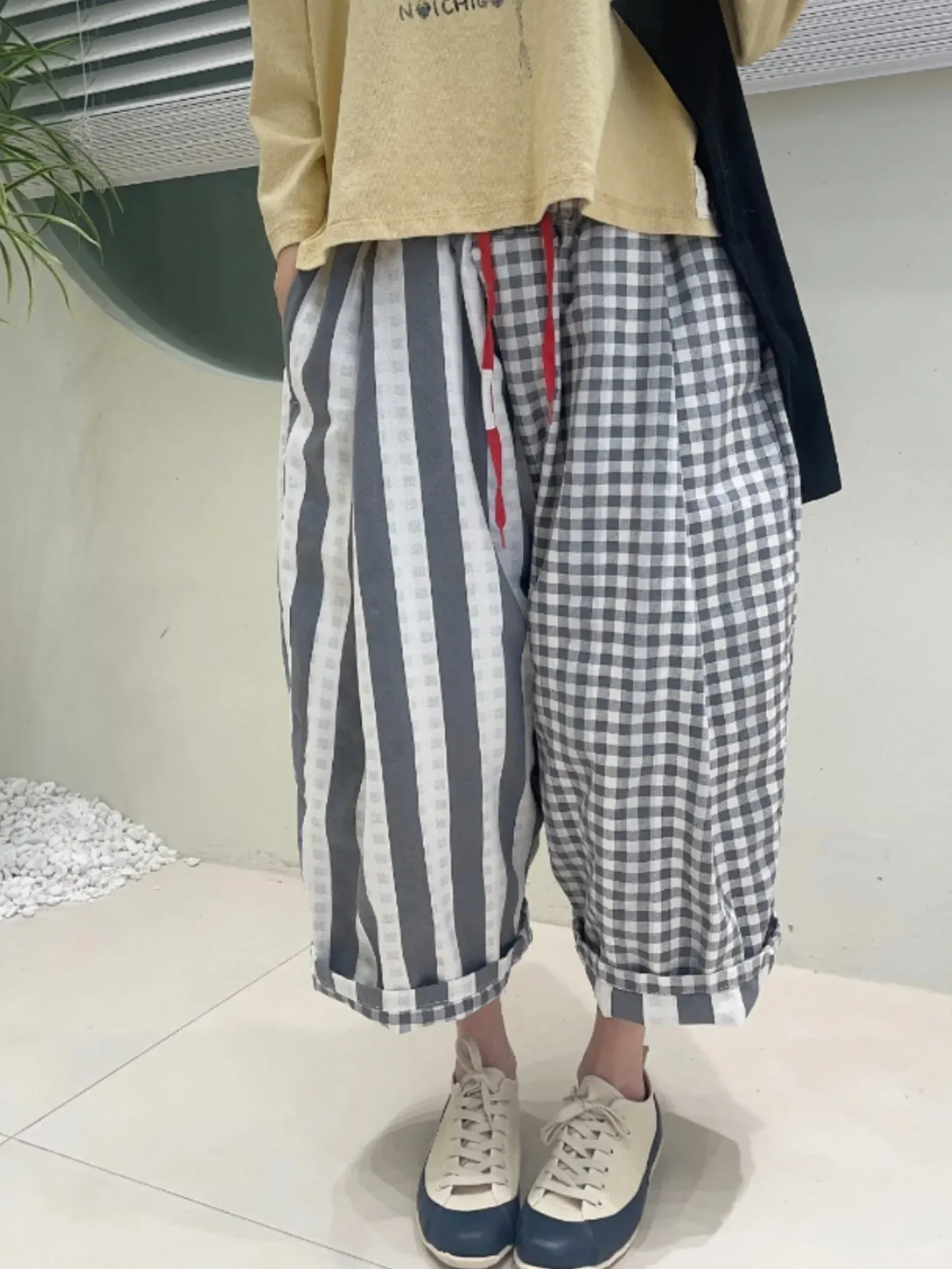 韓 直條格文小寬褲 3色