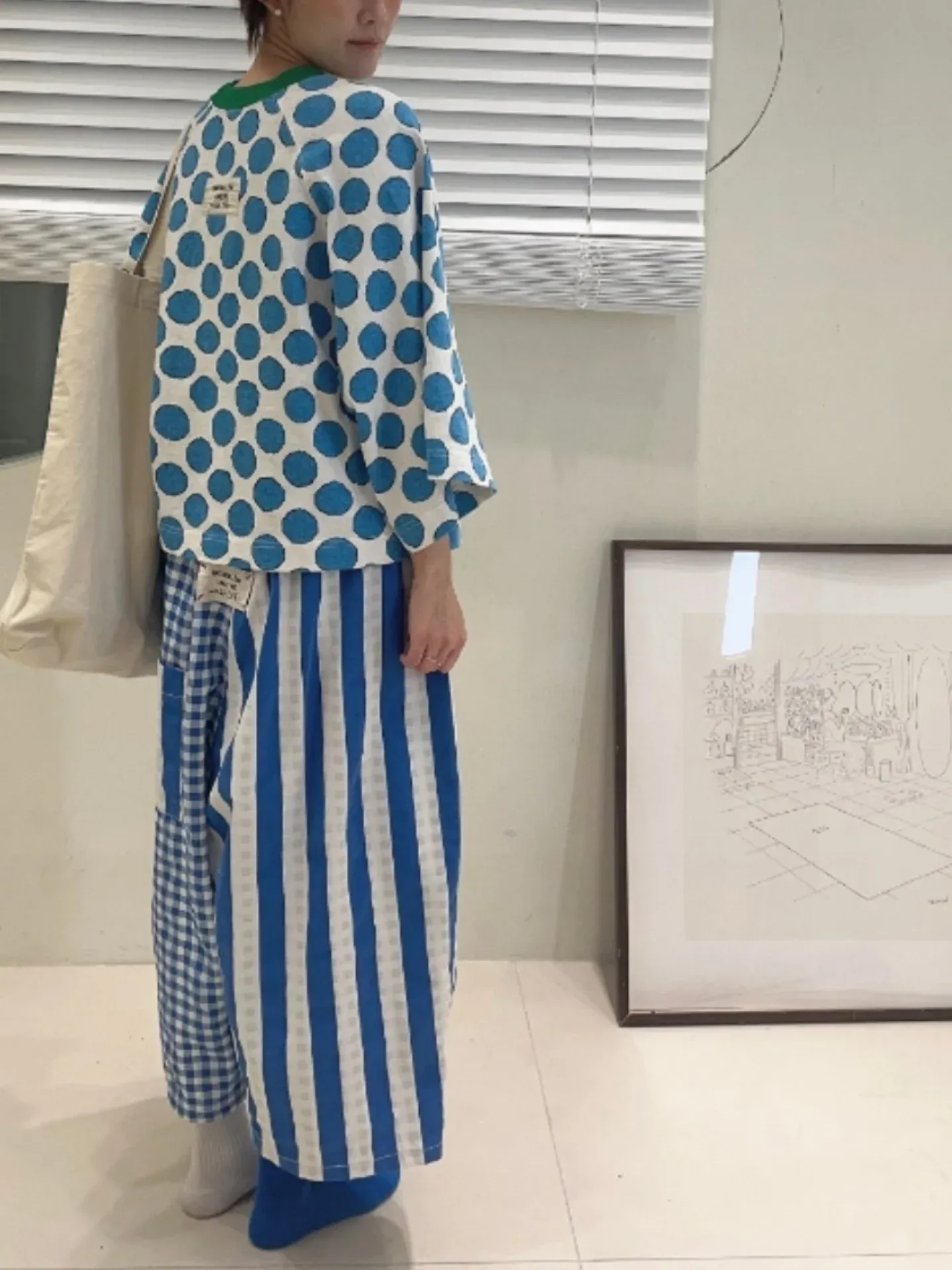 韓 直條格文小寬褲 3色