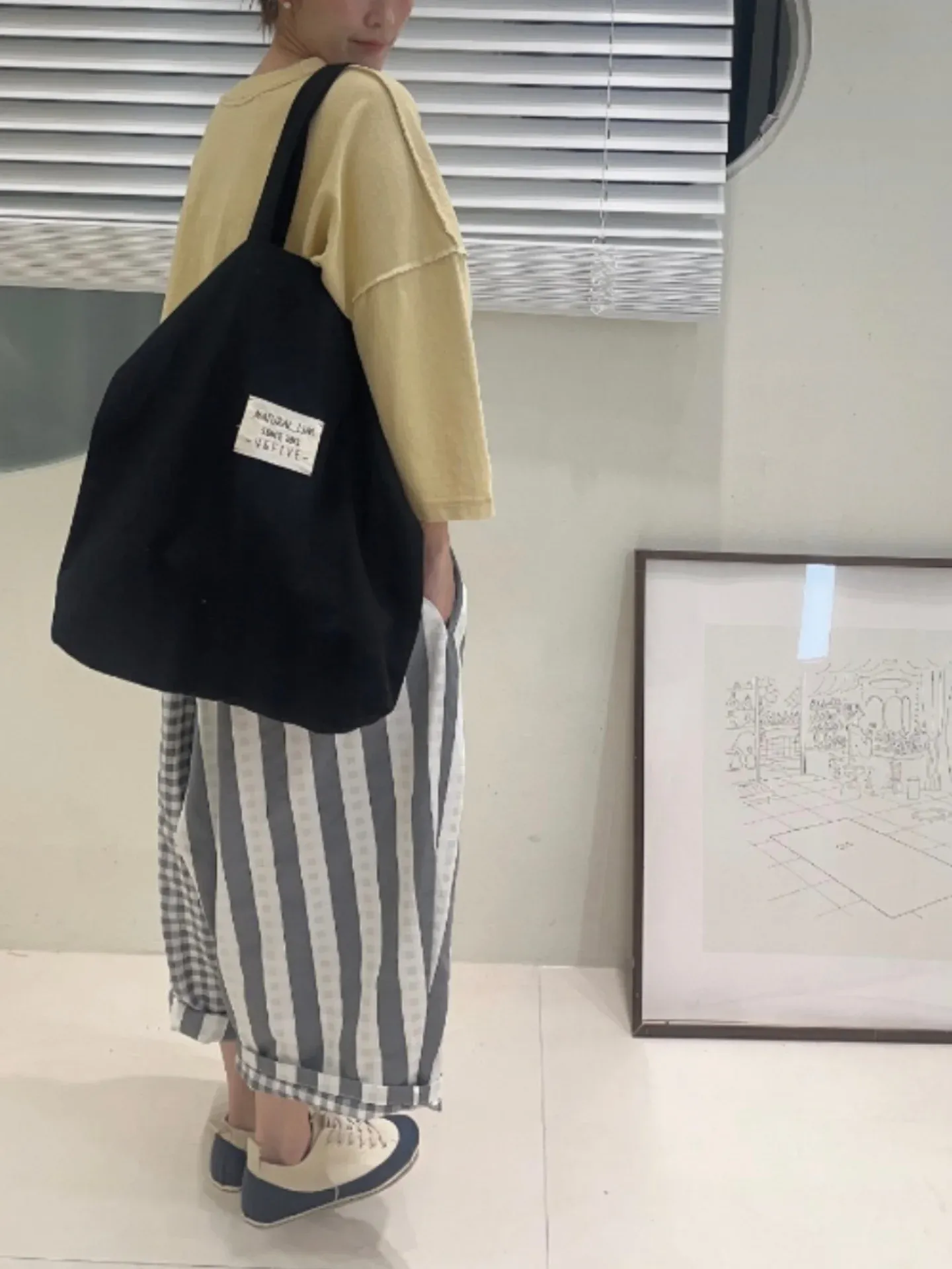 韓 直條格文小寬褲 3色