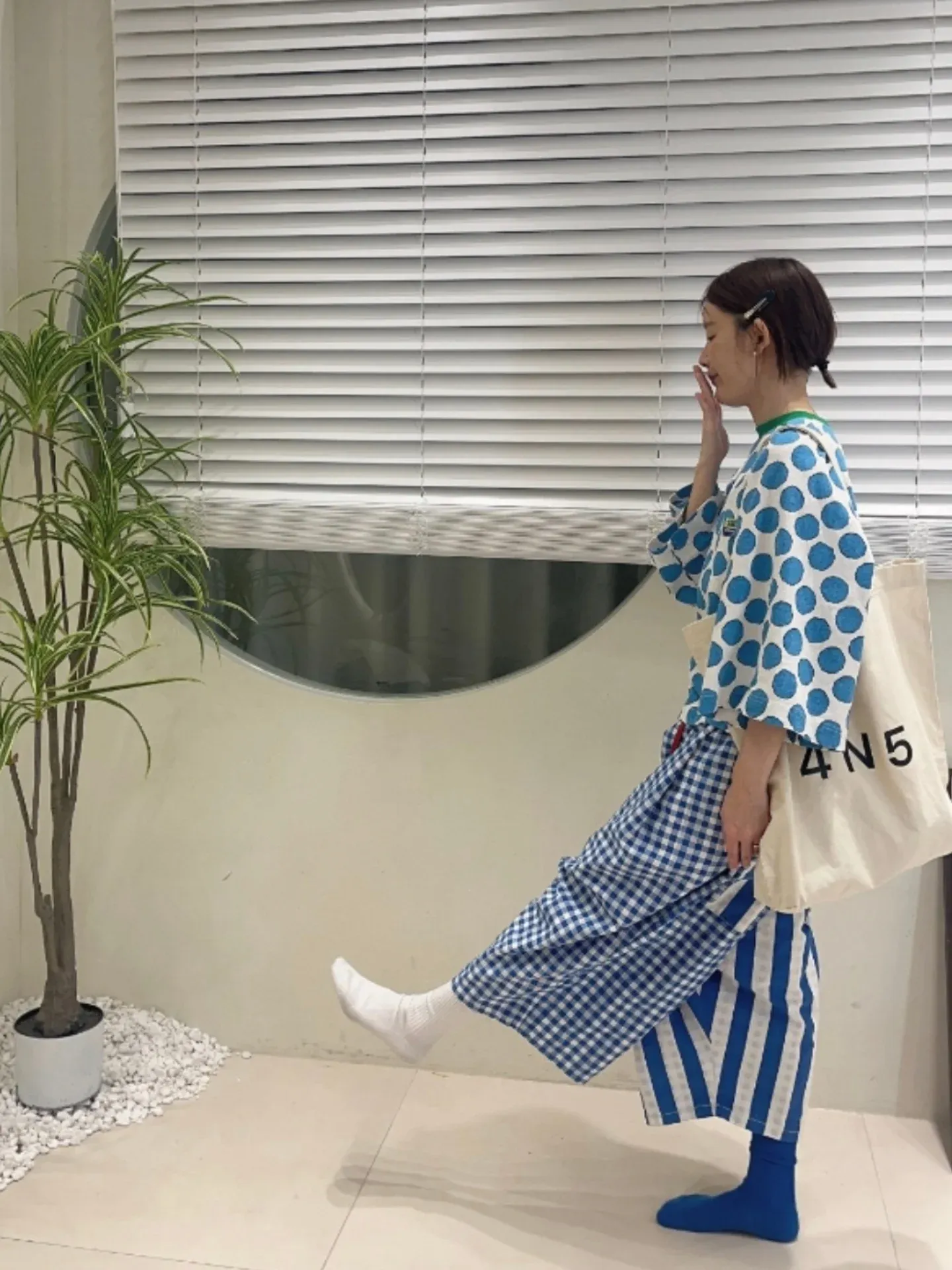 韓 直條格文小寬褲 3色