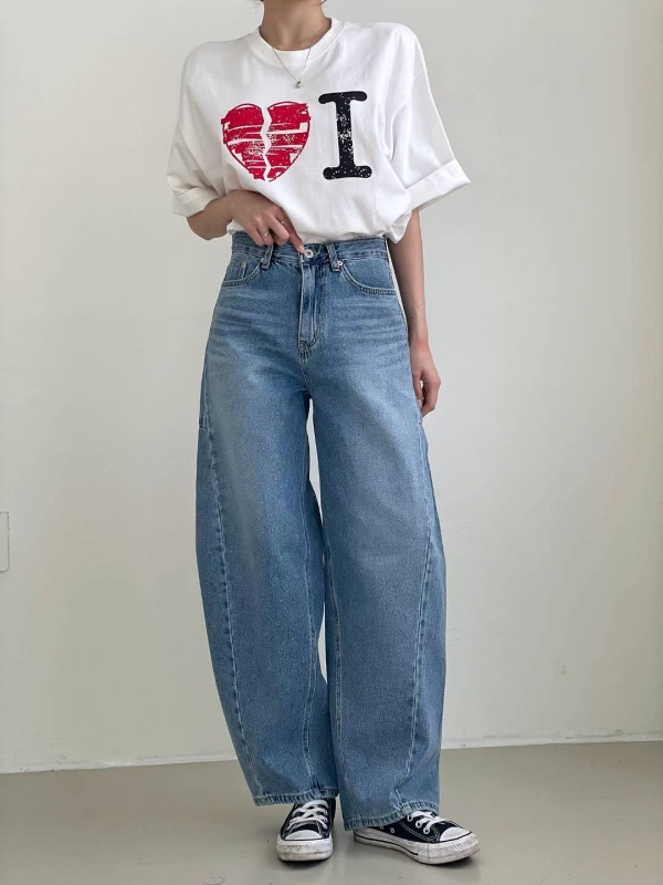 韓 小弧度牛仔寬褲