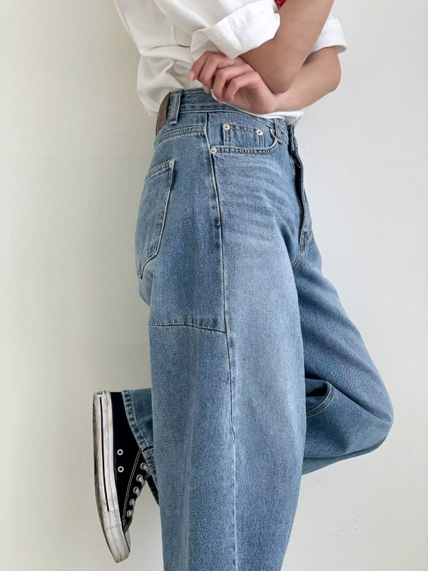 韓 小弧度牛仔寬褲