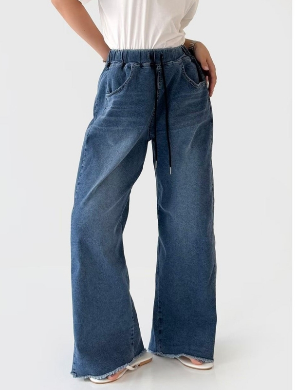 韓 全腰鬆緊牛仔寬褲 size