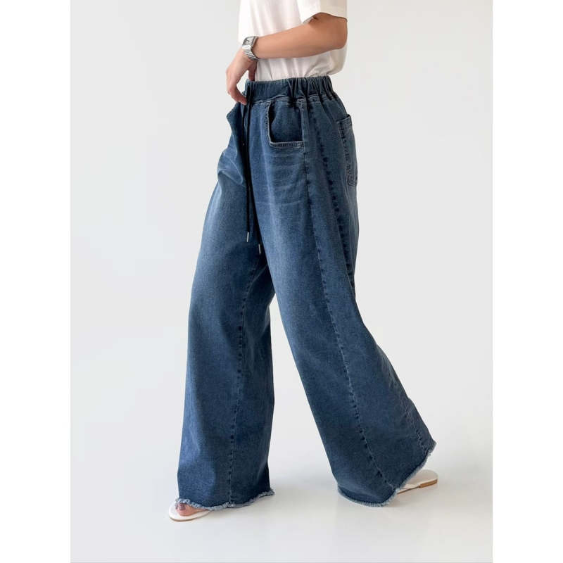 韓 全腰鬆緊牛仔寬褲 size