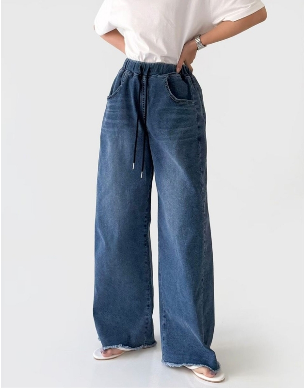 韓 全腰鬆緊牛仔寬褲 size