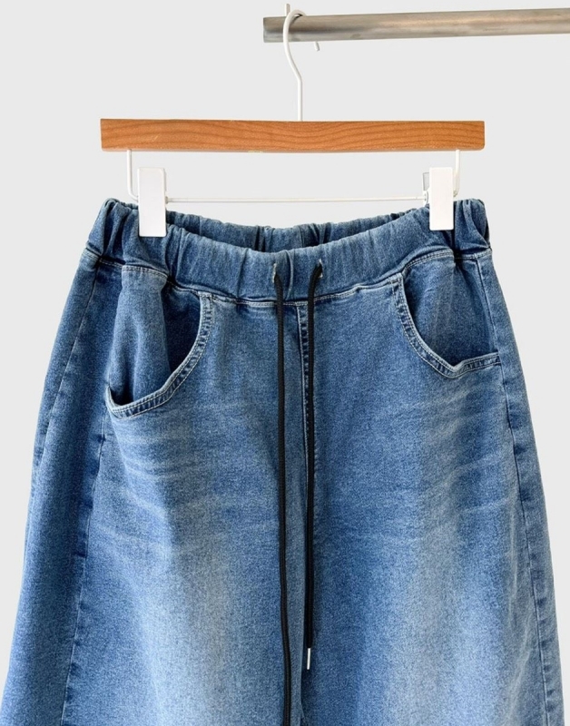 韓 全腰鬆緊牛仔寬褲 size
