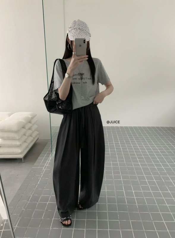 韓 綁帶小弧度寬褲 4色 size