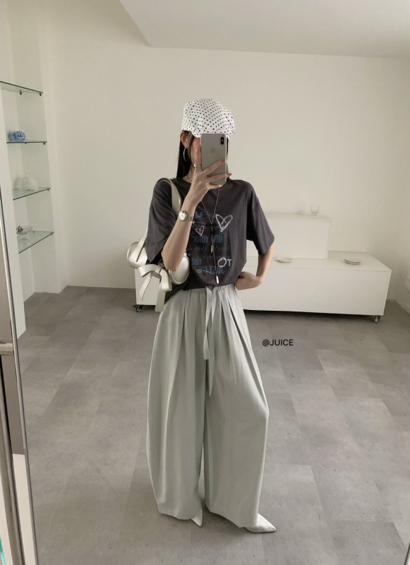 韓 綁帶小弧度寬褲 4色 size