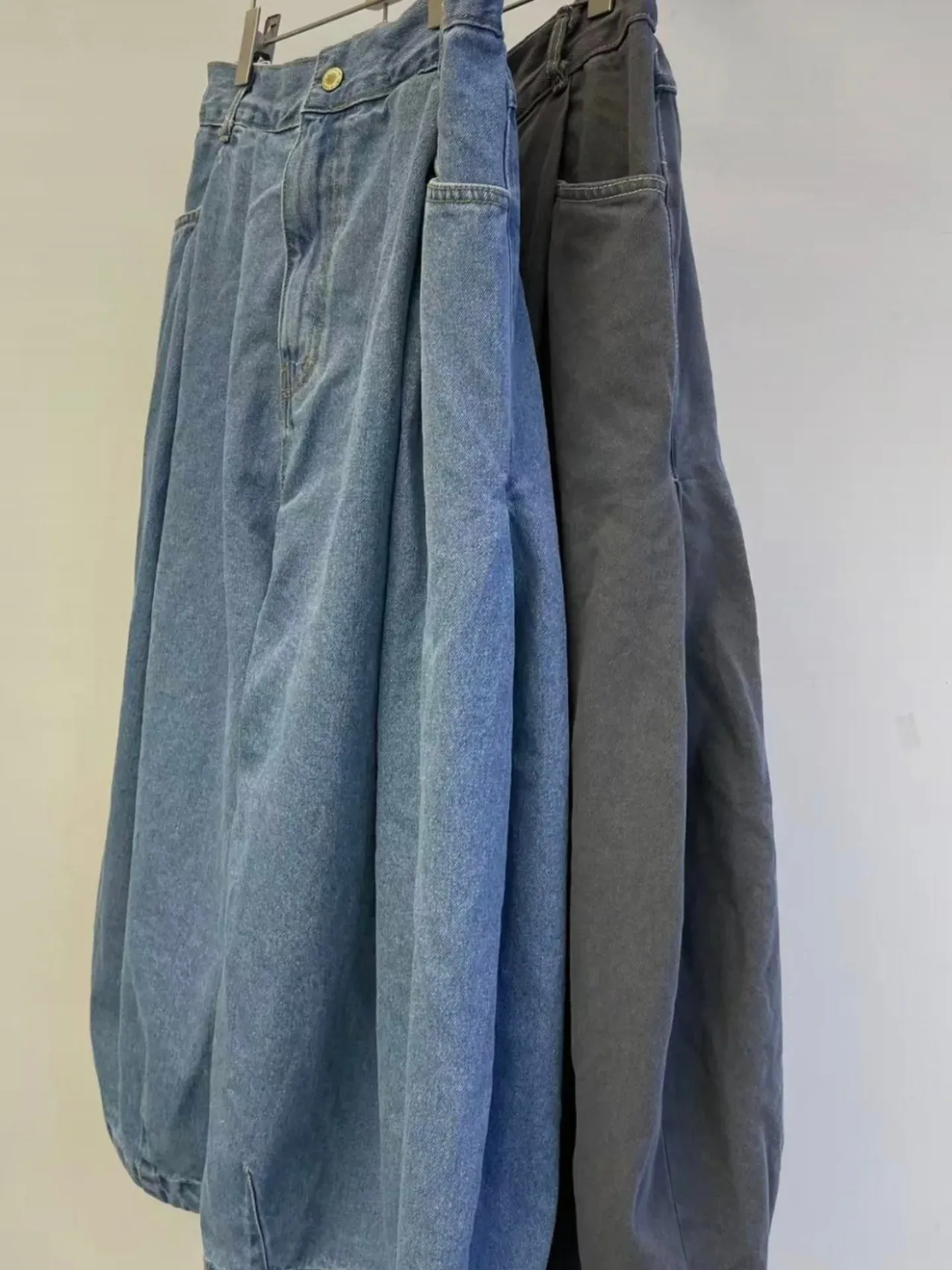 韓 打兩摺牛仔寬褲 2色