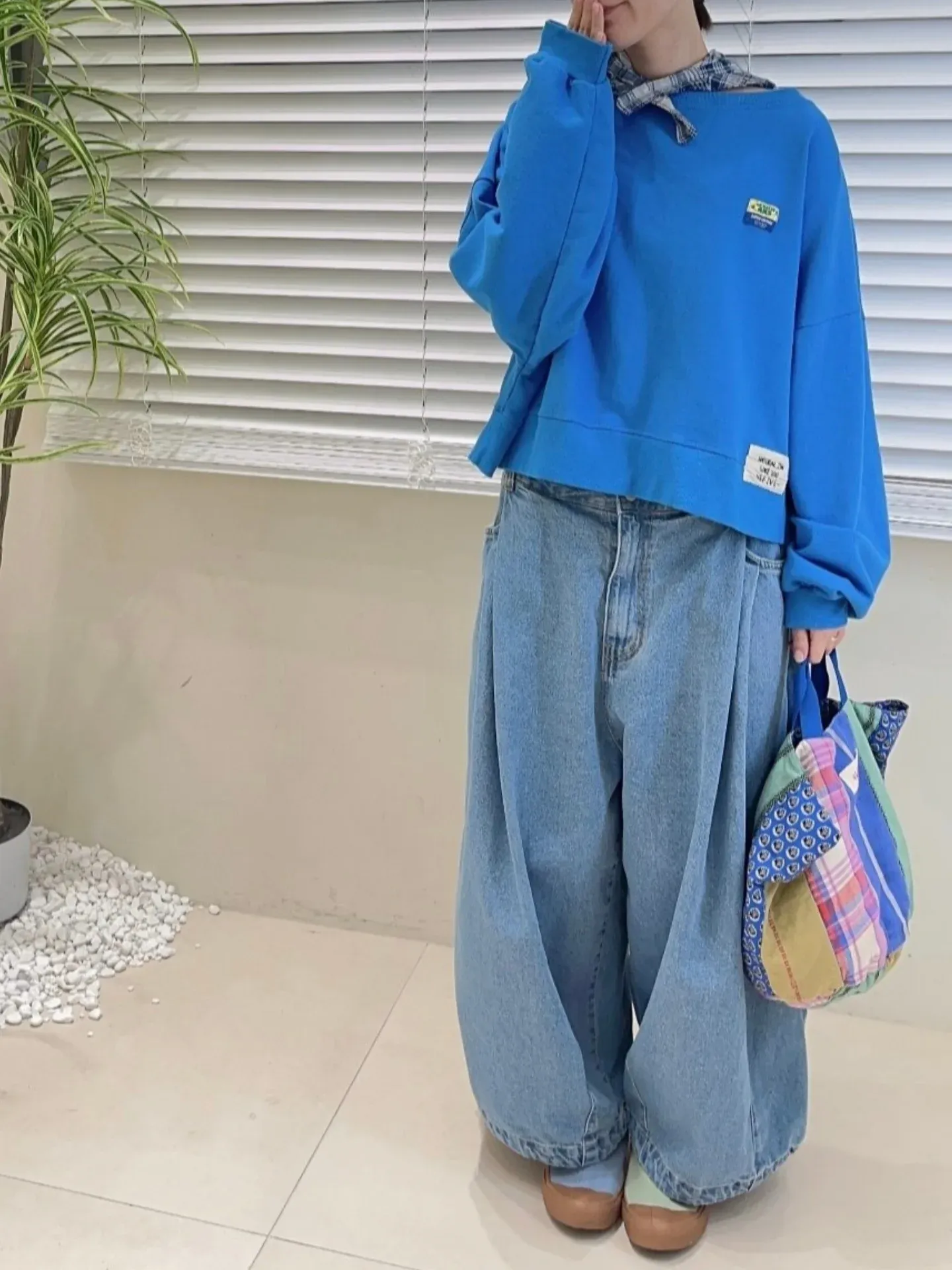 韓 打兩摺牛仔寬褲 2色