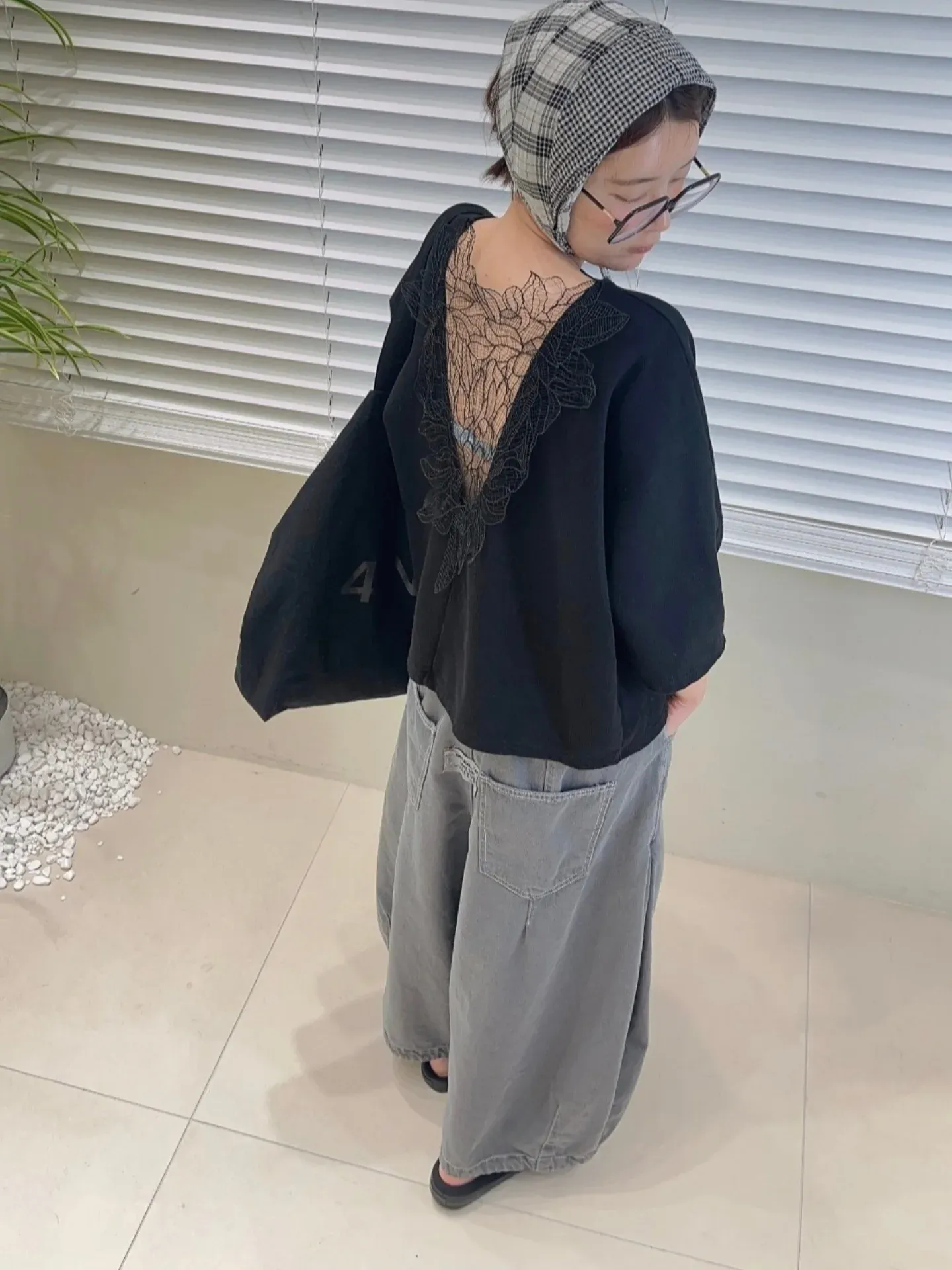 韓 打兩摺牛仔寬褲 2色