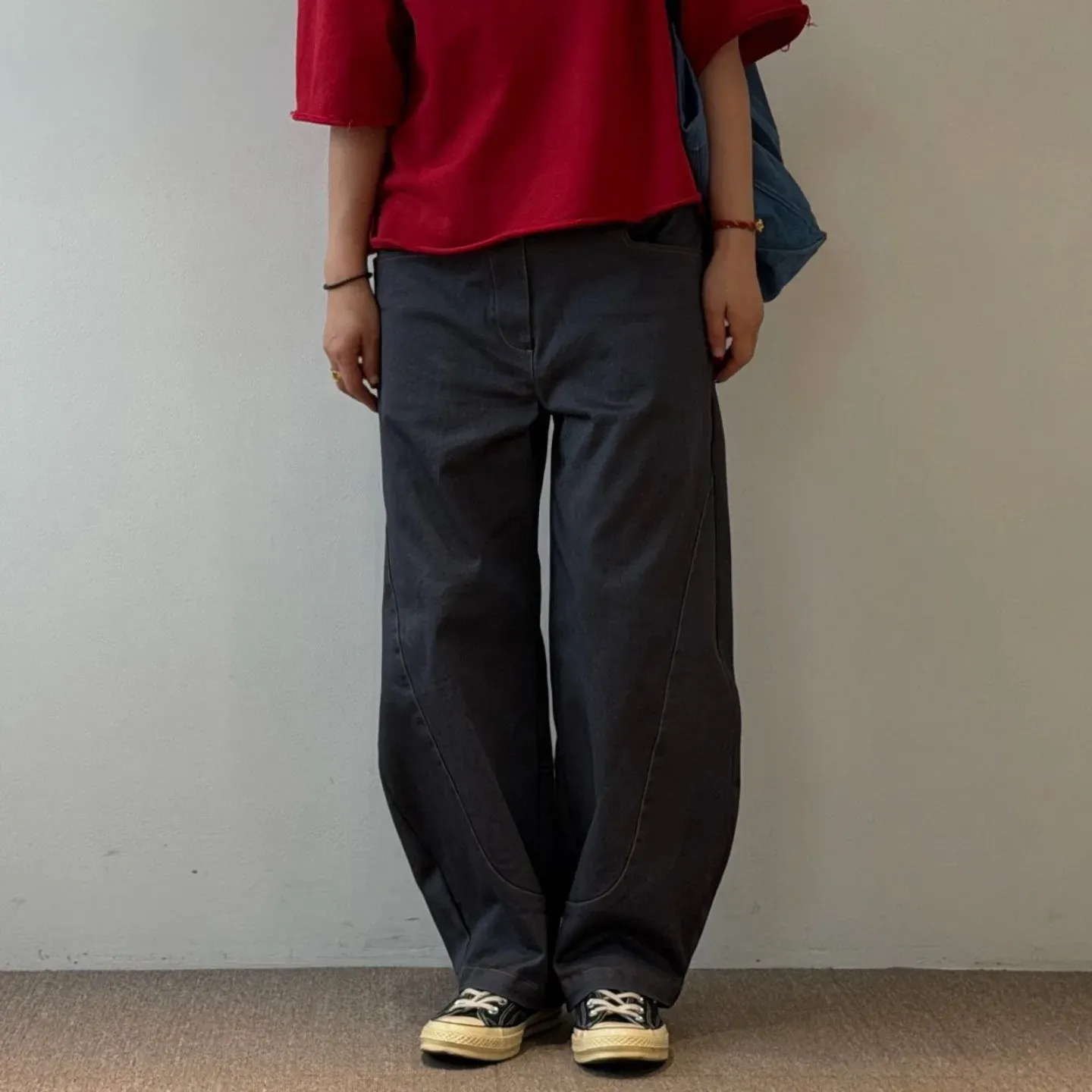 韓 前彎車線素色寬褲 3色