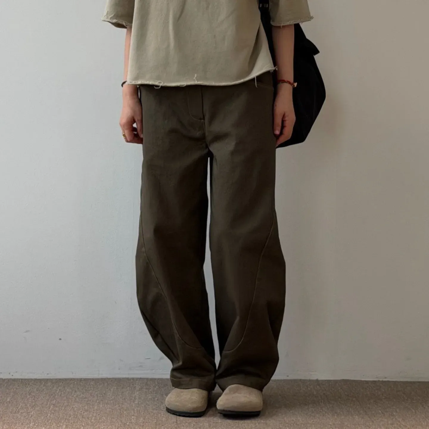 韓 前彎車線素色寬褲 3色