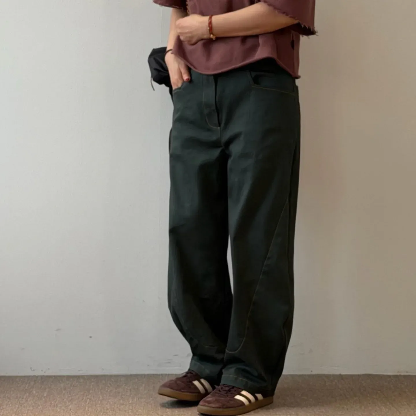 韓 前彎車線素色寬褲 3色