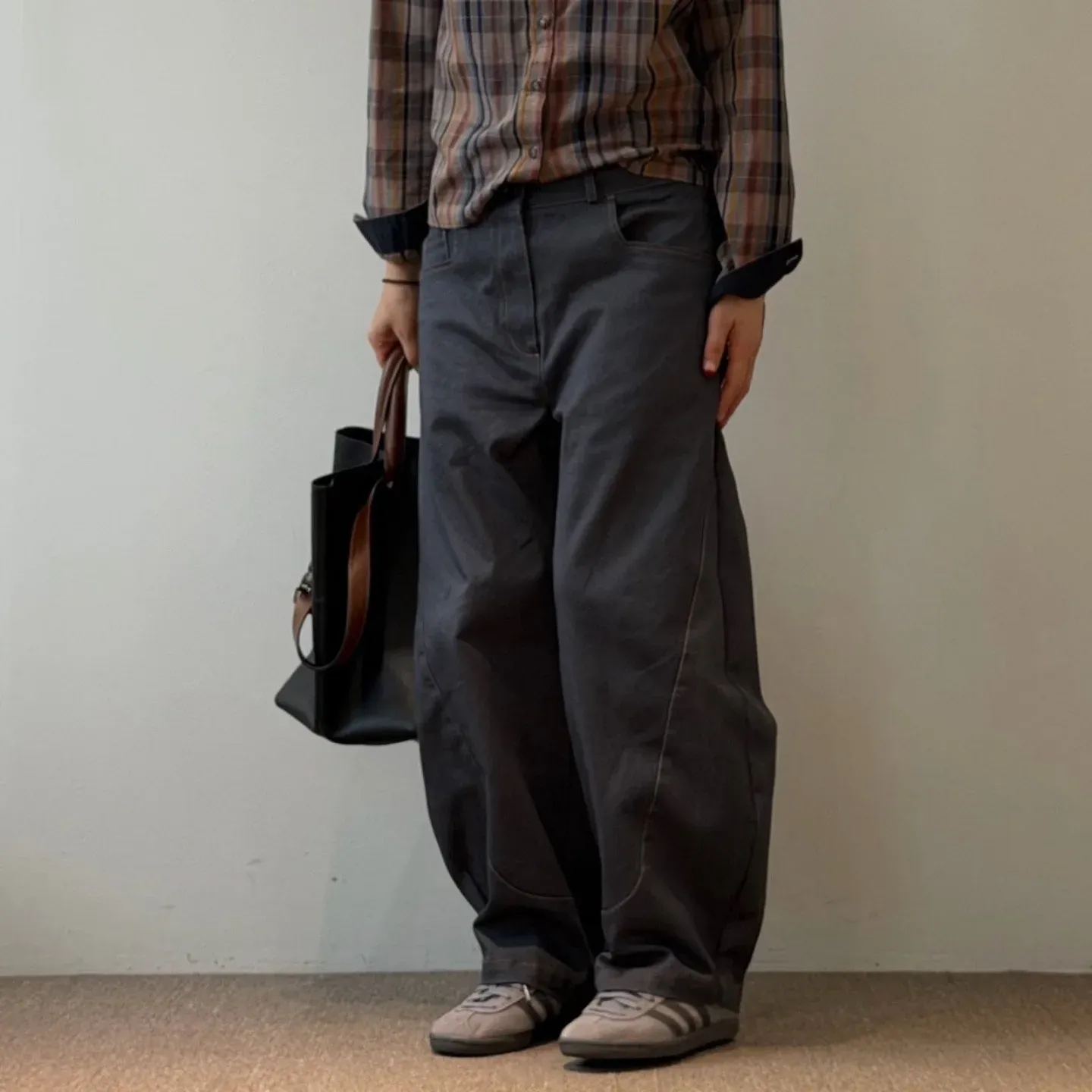 韓 前彎車線素色寬褲 3色