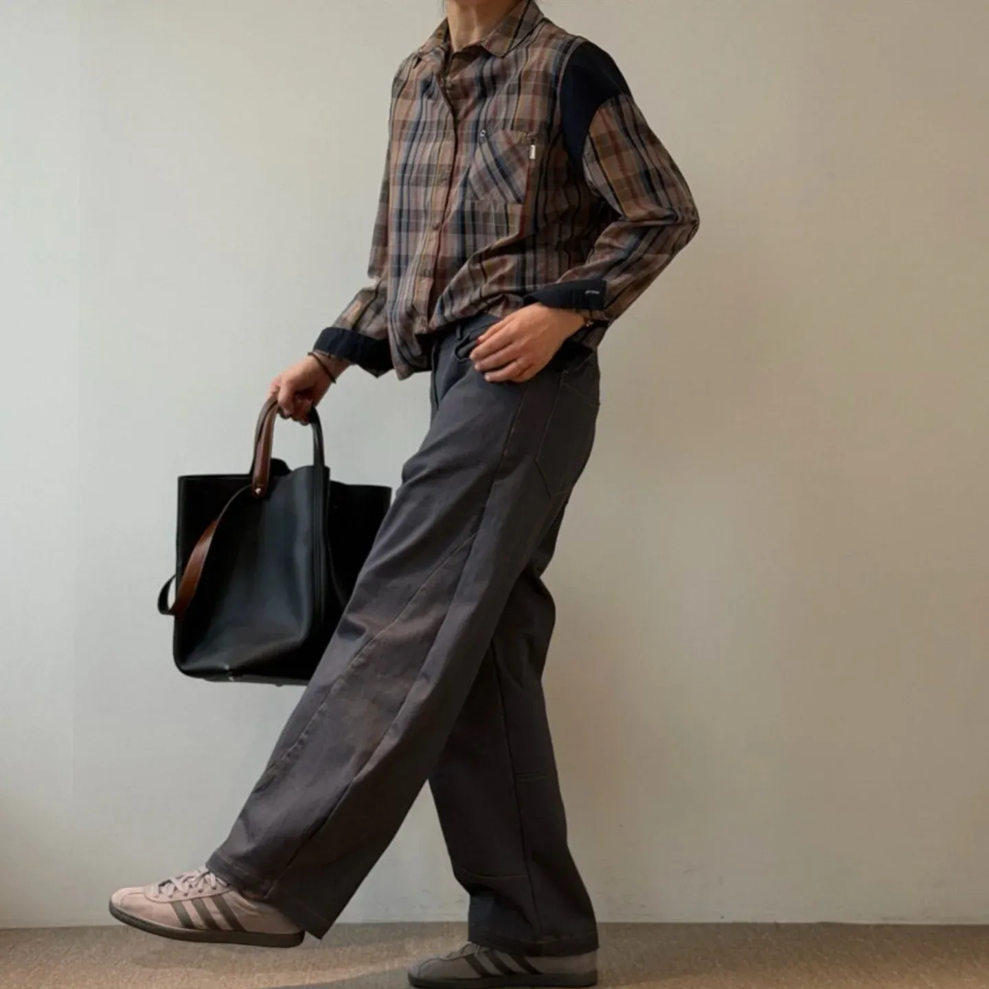 韓 前彎車線素色寬褲 3色