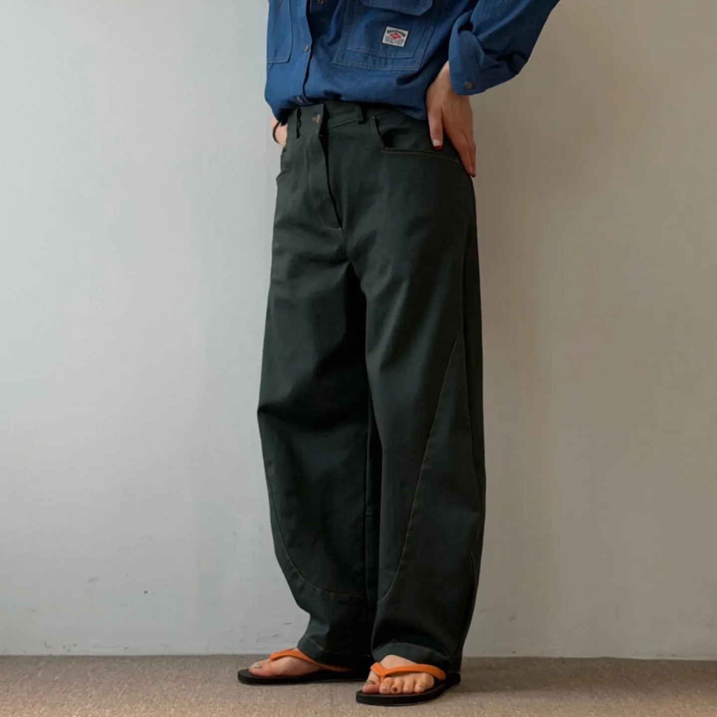 韓 前彎車線素色寬褲 3色