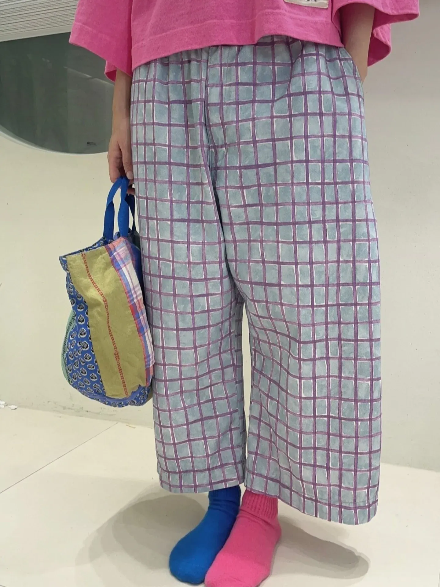 韓 小格文寬褲 3色