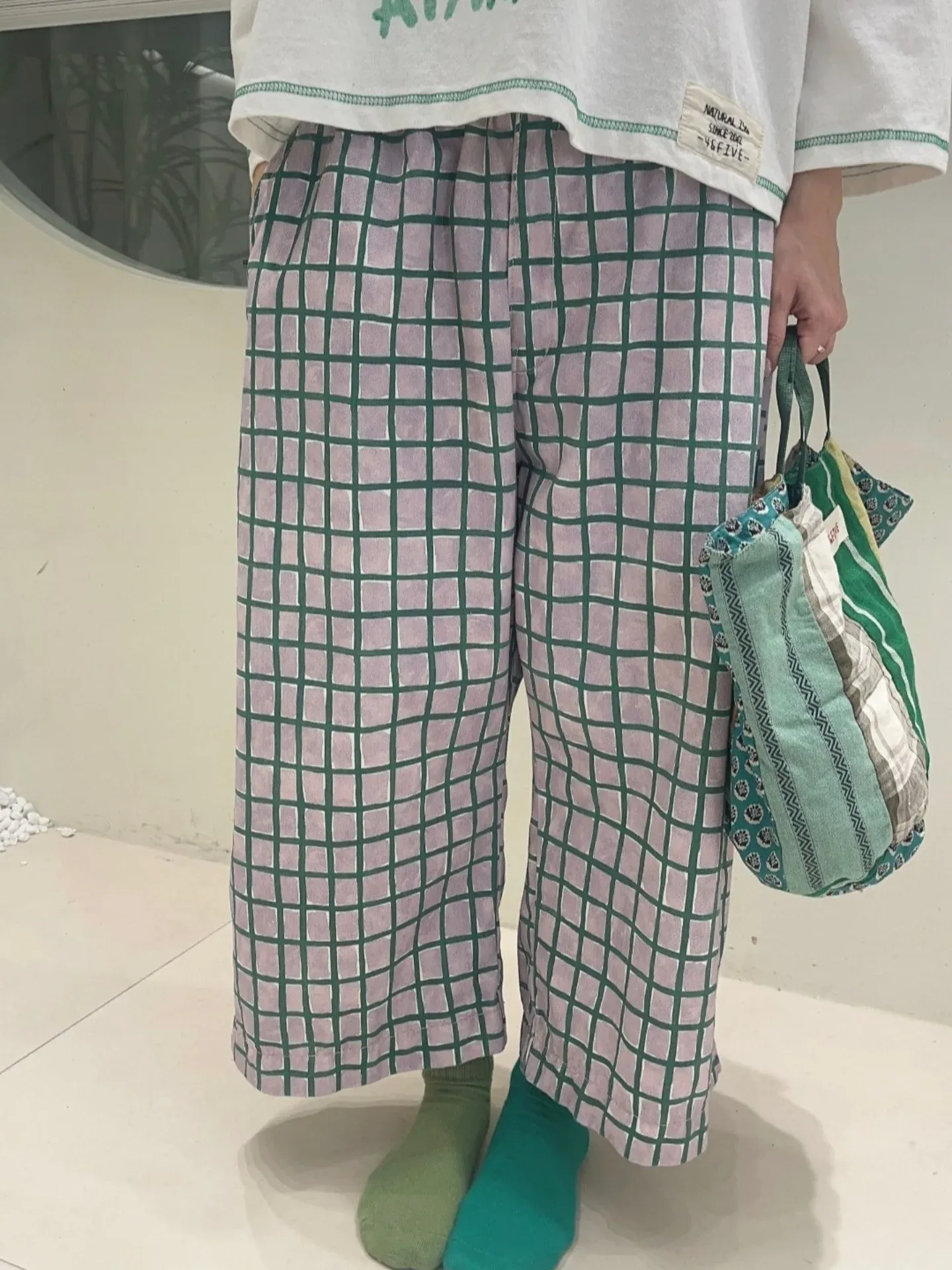 韓 小格文寬褲 3色