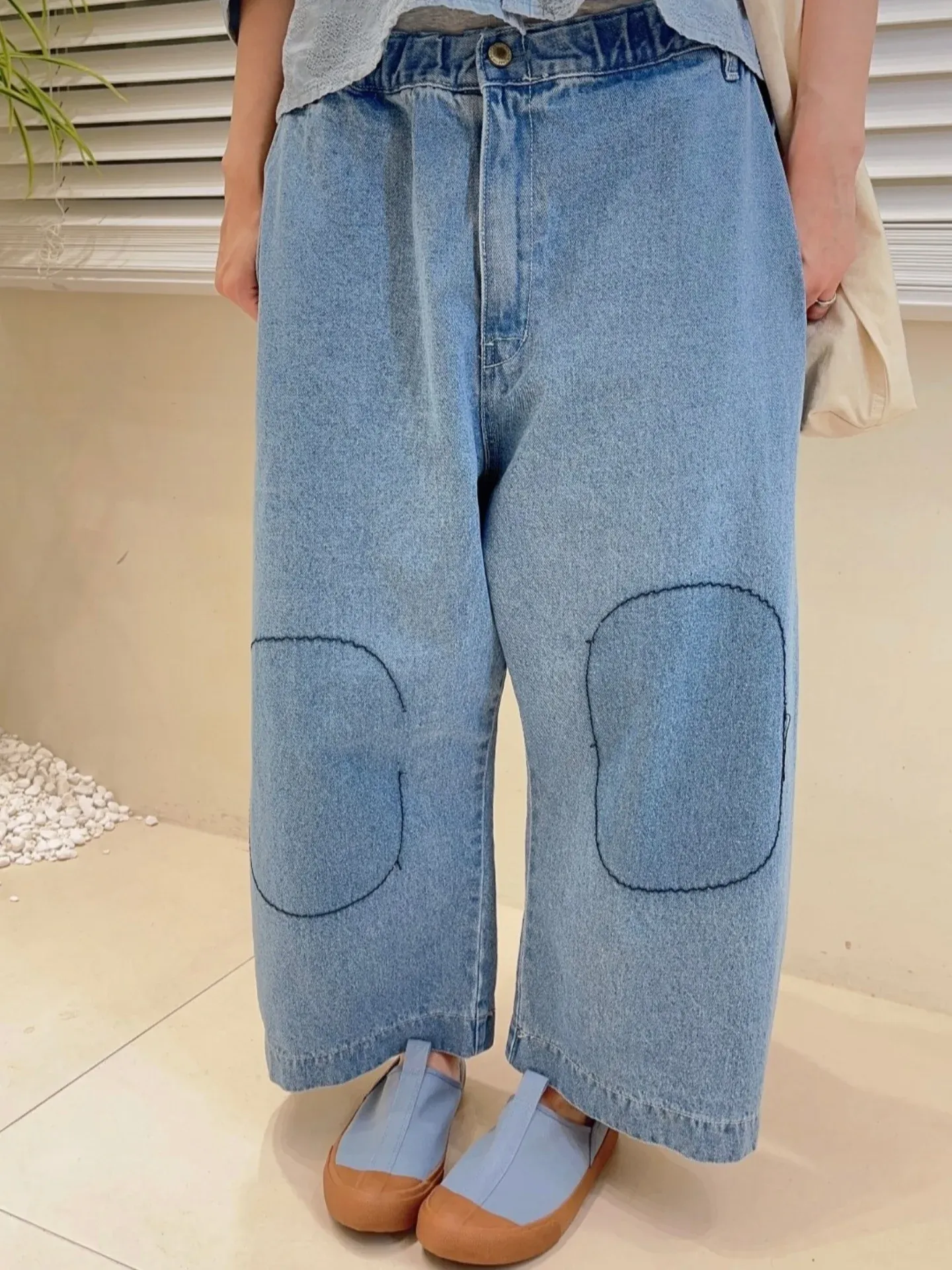 韓 膝拼布牛仔寬褲 2色