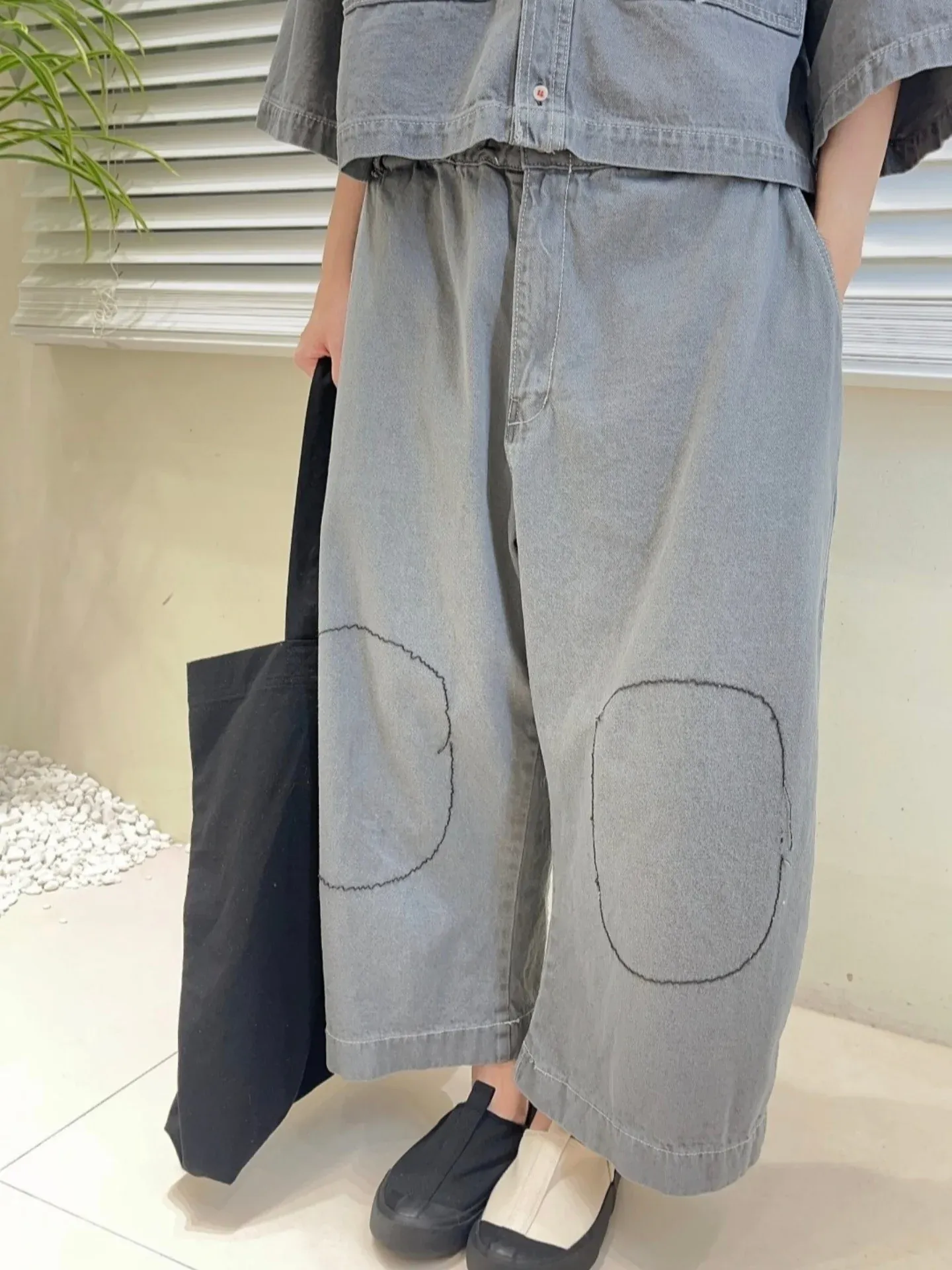 韓 膝拼布牛仔寬褲 2色