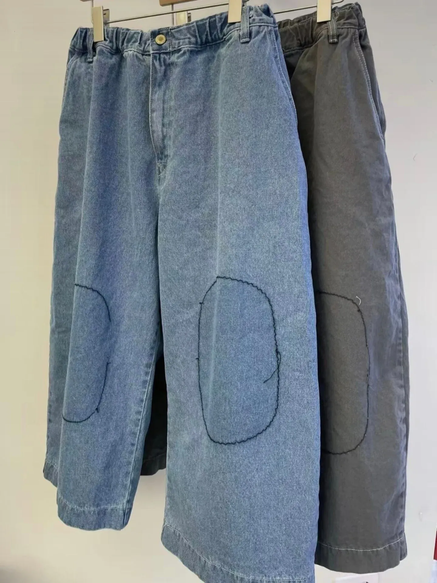 韓 膝拼布牛仔寬褲 2色