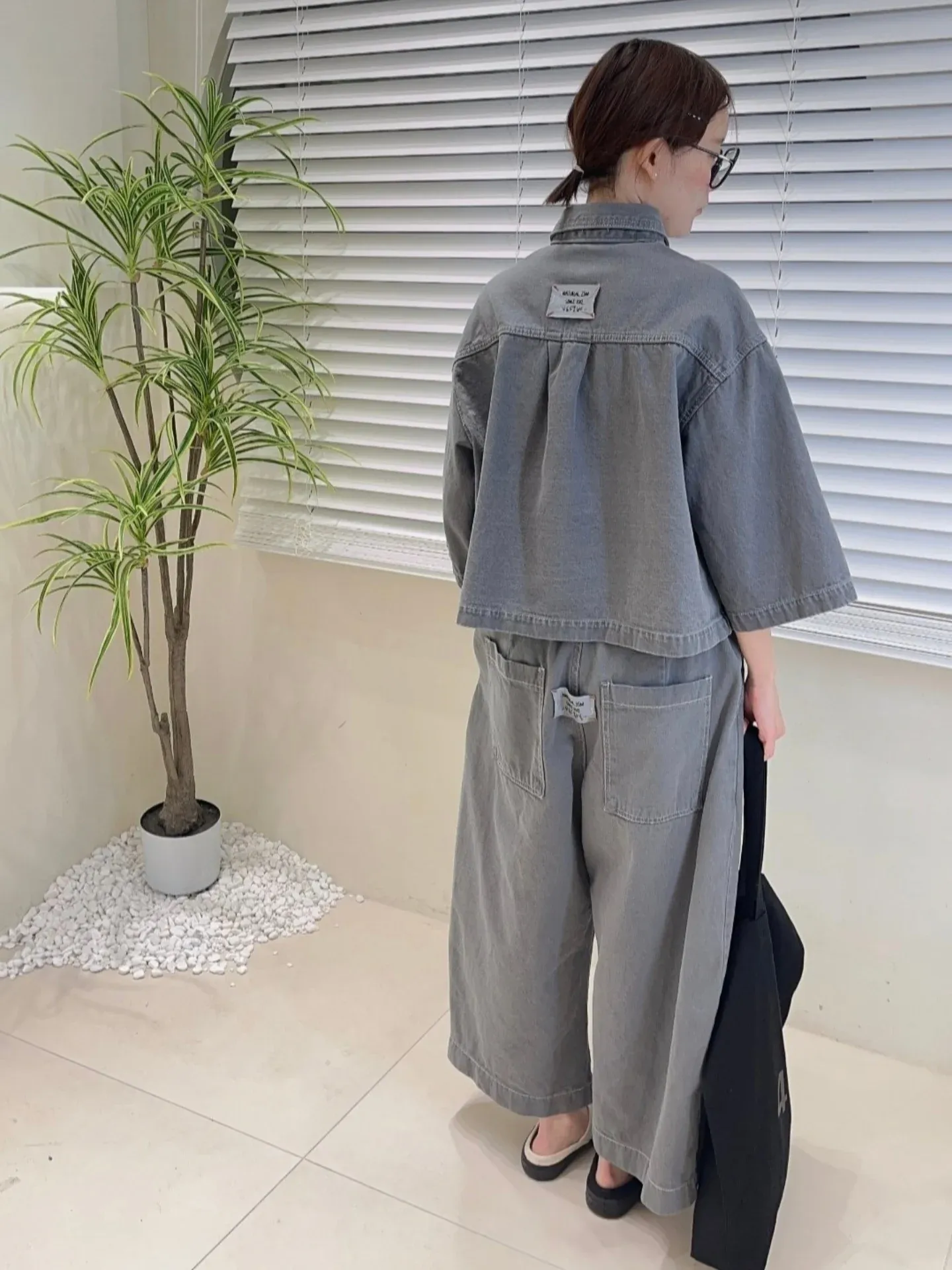 韓 膝拼布牛仔寬褲 2色