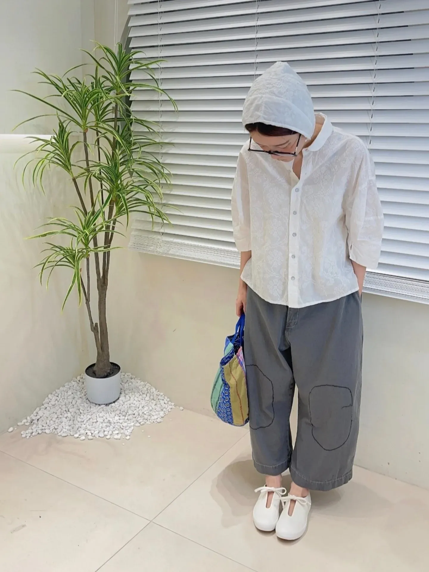 韓 膝拼布牛仔寬褲 2色