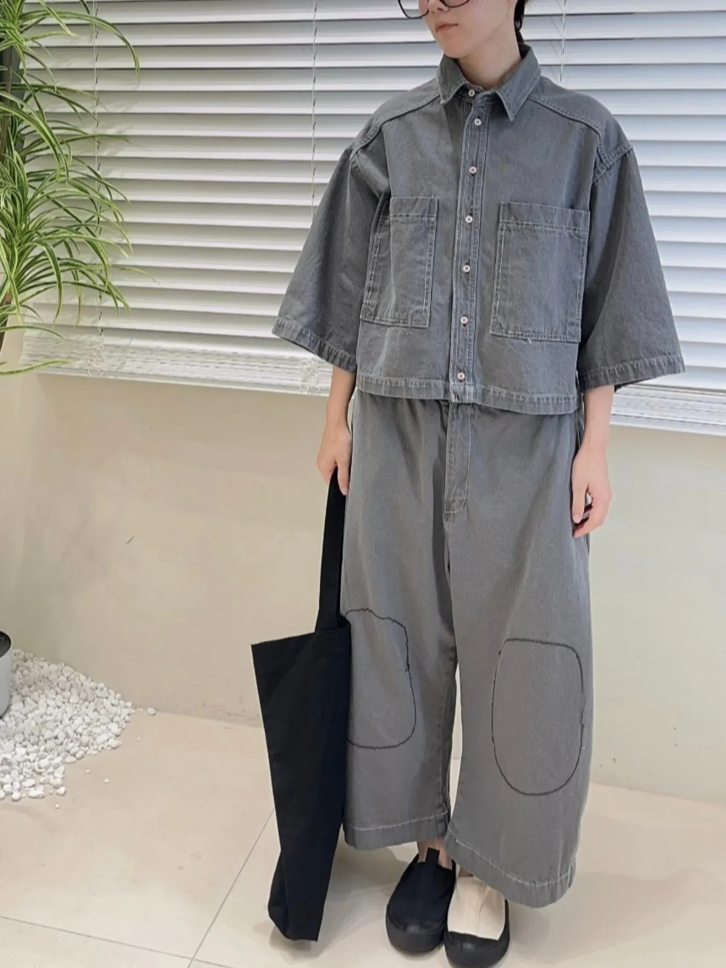 韓 膝拼布牛仔寬褲 2色