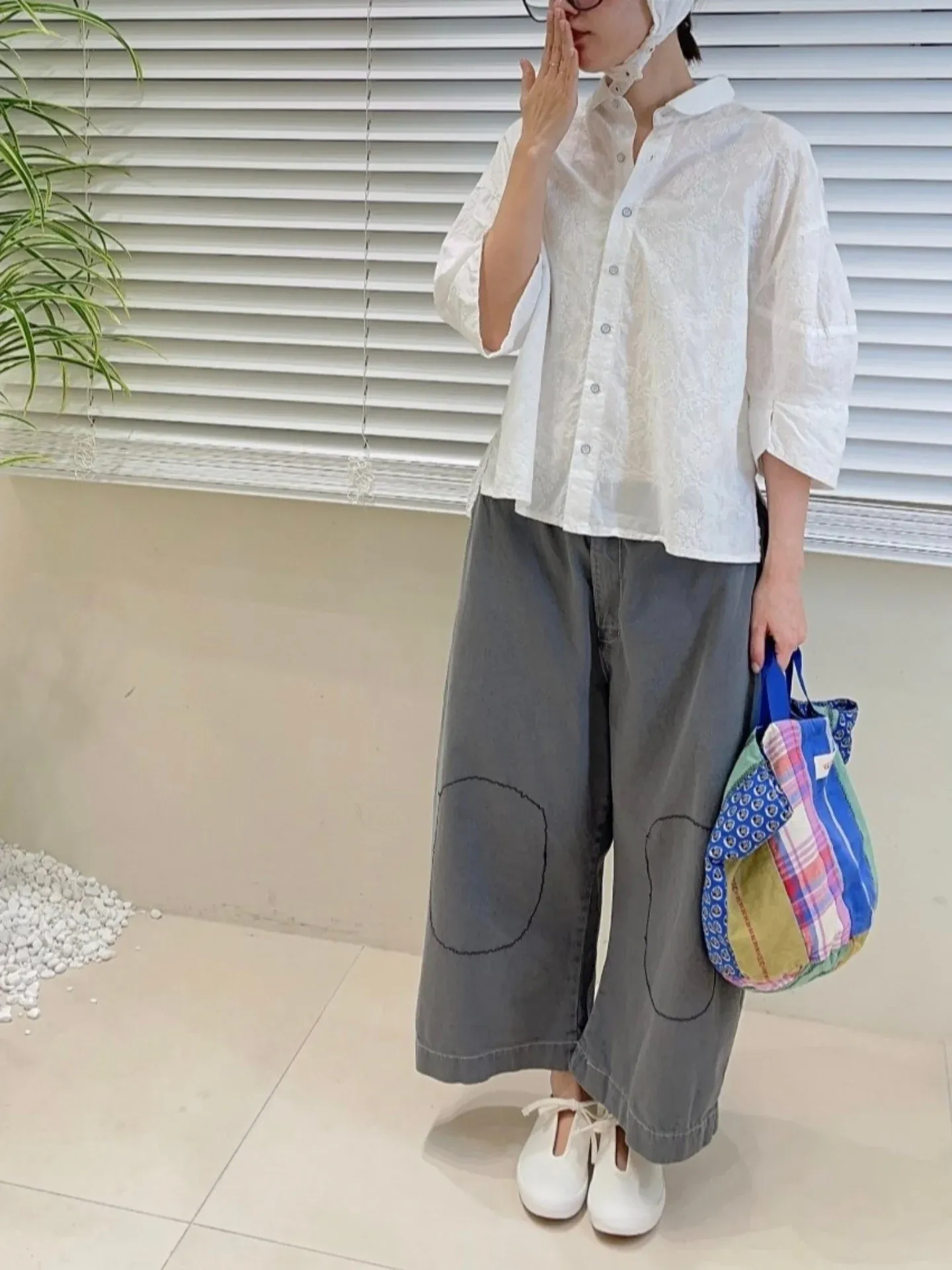 韓 膝拼布牛仔寬褲 2色