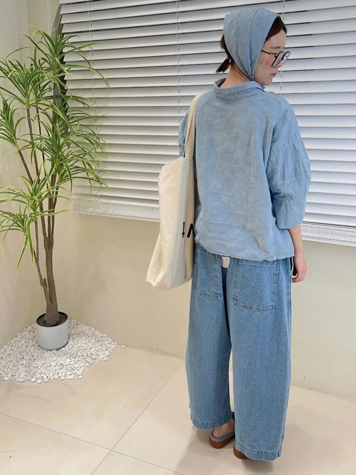 韓 膝拼布牛仔寬褲 2色