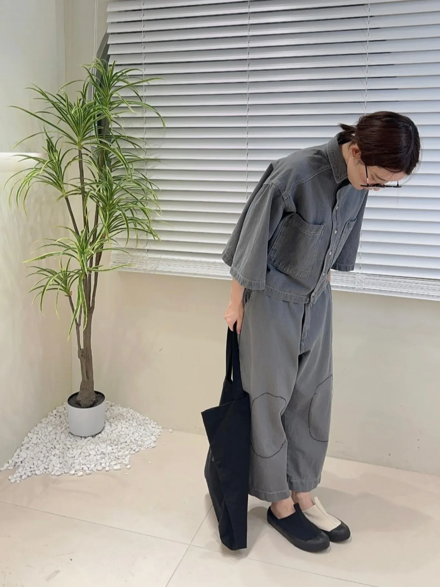 韓 膝拼布牛仔寬褲 2色