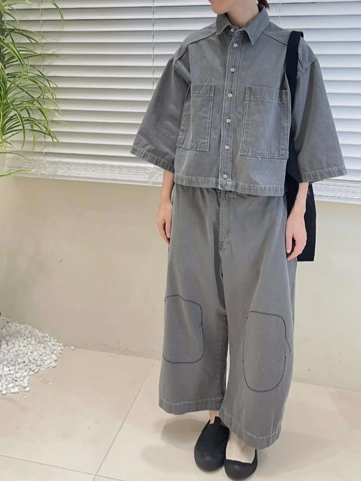 韓 膝拼布牛仔寬褲 2色